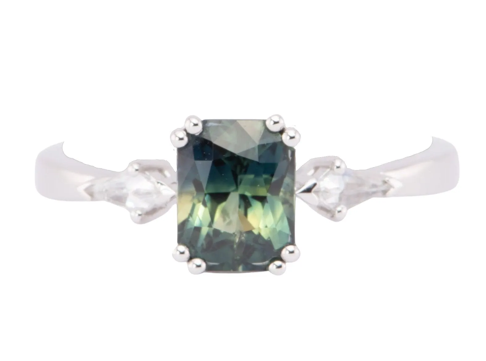 1.48ct Teal Sapphire with Kite Diamonds Engagement Ring 14K White Gold R6615