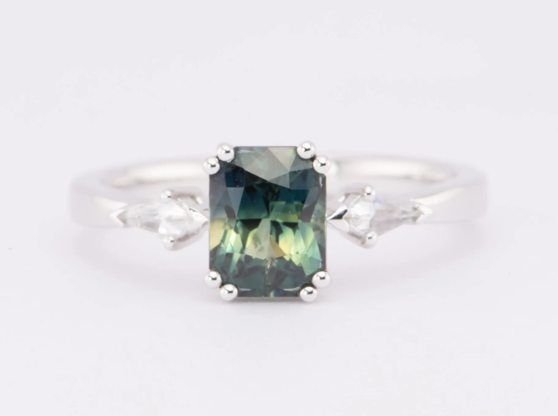 1.48ct Teal Sapphire with Kite Diamonds Engagement Ring 14K White Gold R6615