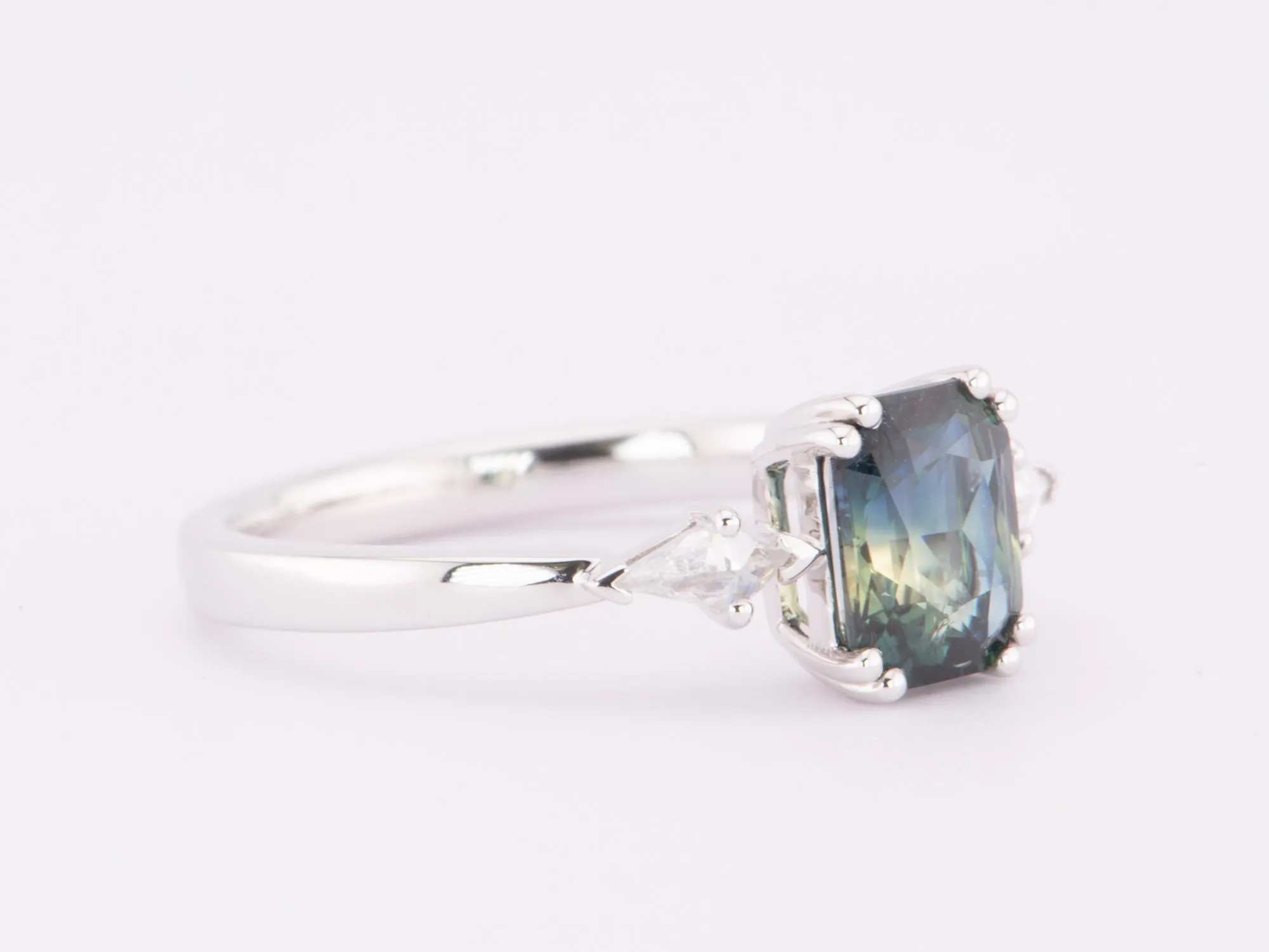 1.48ct Teal Sapphire with Kite Diamonds Engagement Ring 14K White Gold R6615