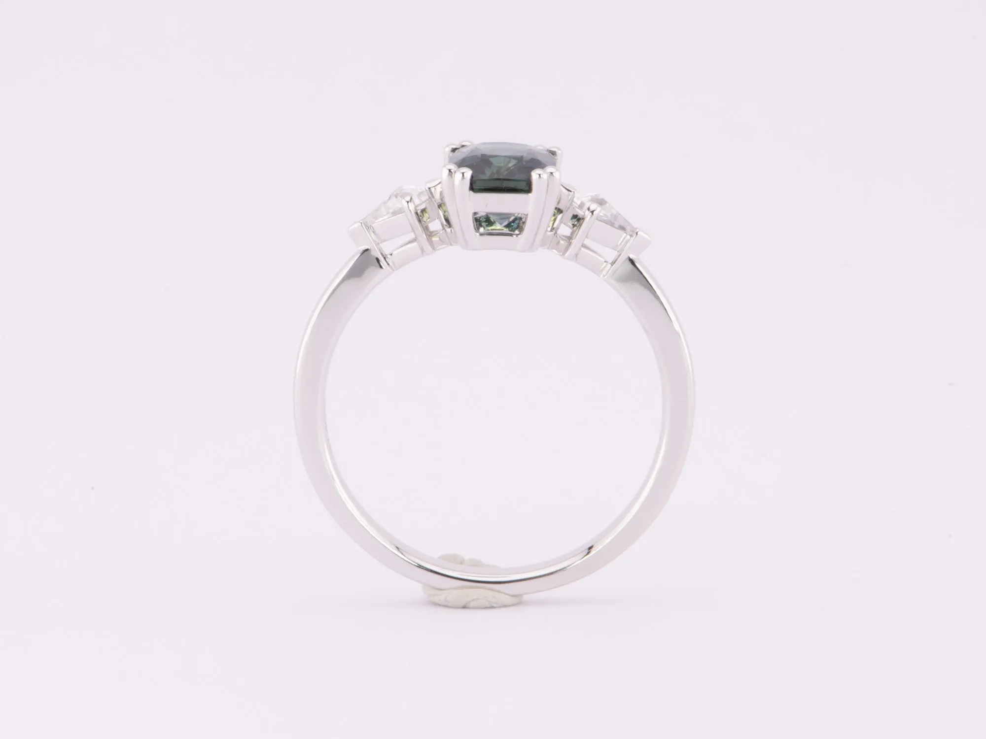 1.48ct Teal Sapphire with Kite Diamonds Engagement Ring 14K White Gold R6615