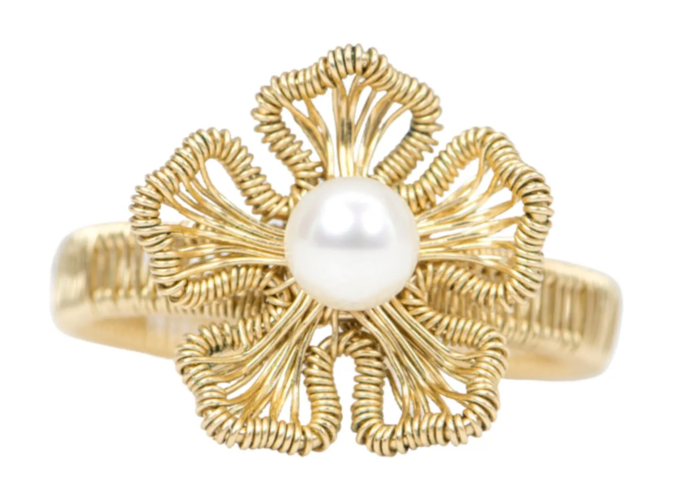 14K Gold Filled Wire Wrap Flower Motiff Open End Ring Freshwater Pearl R6278