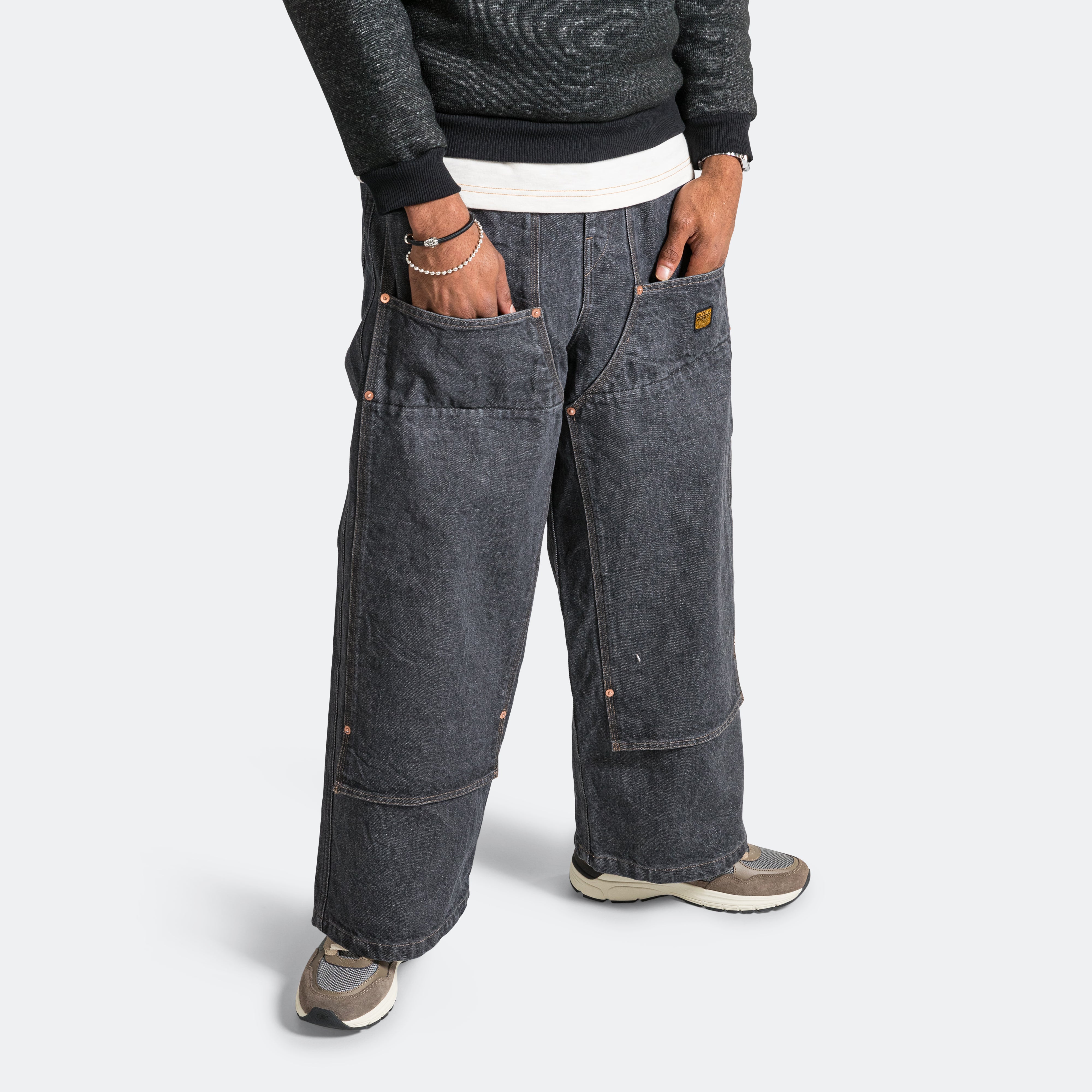 14oz BLKxECR Denim W-Knee EASY Pants - Black