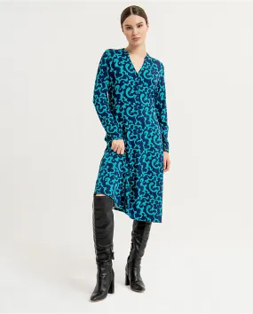 716- Long Sleeve Button Front Dress- Blue Mix- Surkana