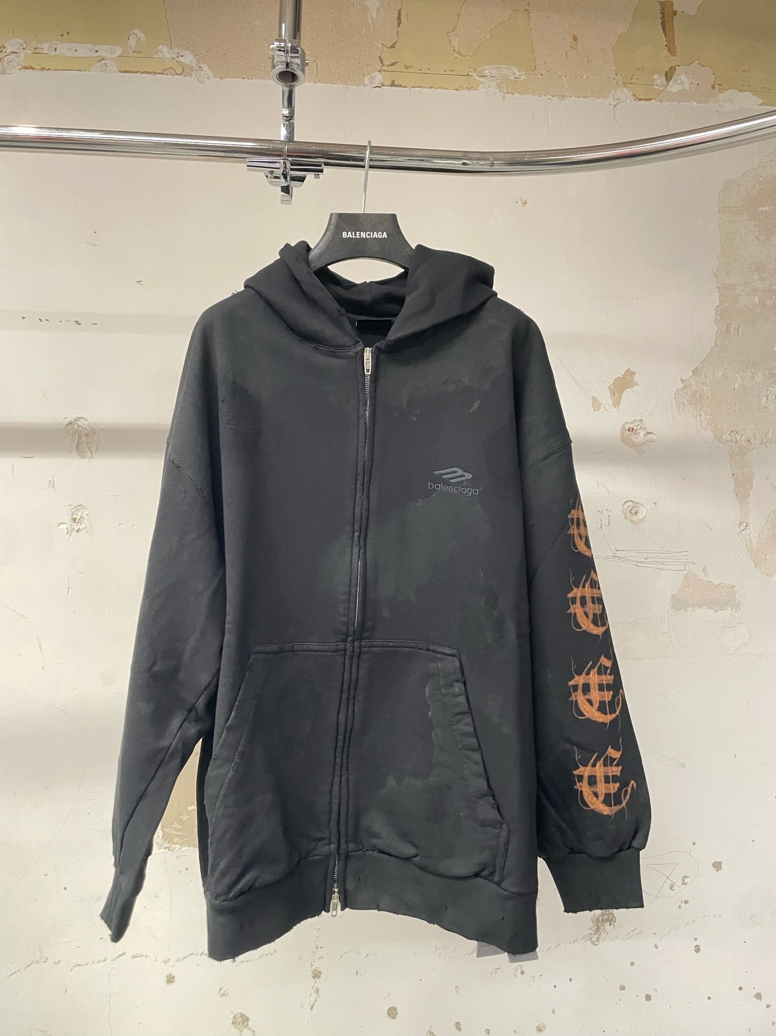 BALENCIAGA  |Heavy Metal Zip-up Hoodie Small Fit in Black Faded