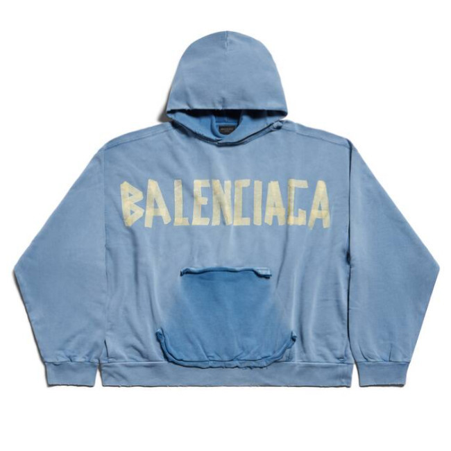 BALENCIAGA  |Men's Tape Type Ripped Pocket Hoodie Large Fit in Faded Blue