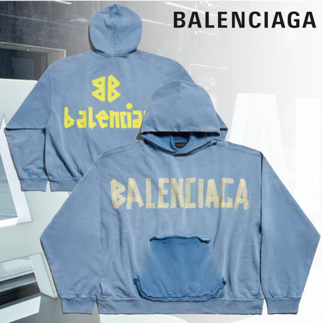 BALENCIAGA  |Men's Tape Type Ripped Pocket Hoodie Large Fit in Faded Blue