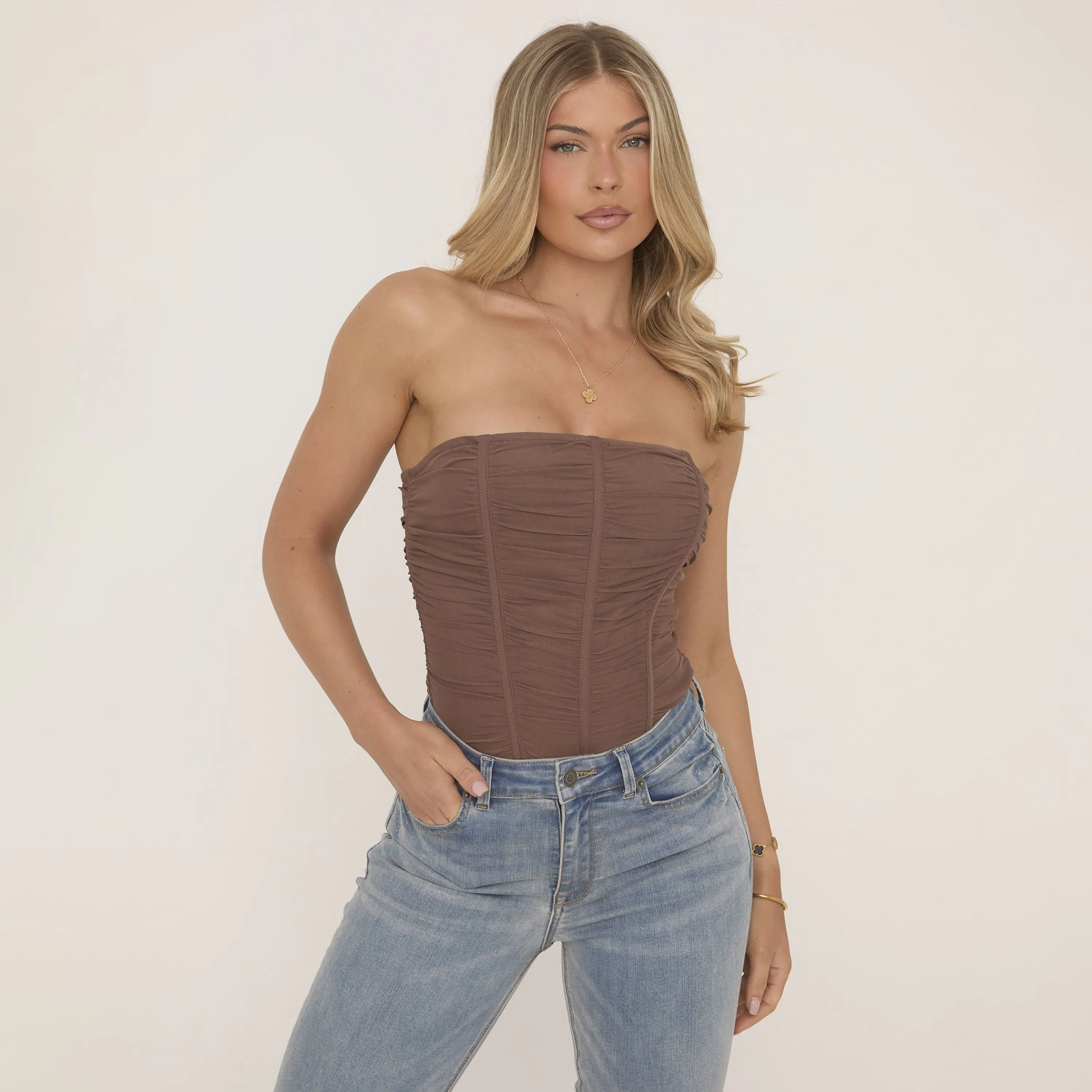 Bandeau Ruched Corset Top In Brown Mesh