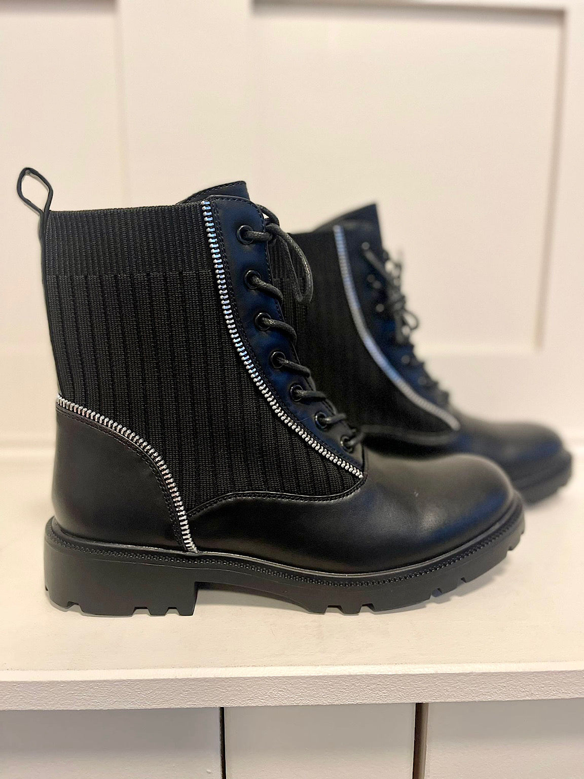 Black Faux Zip Combat Boots