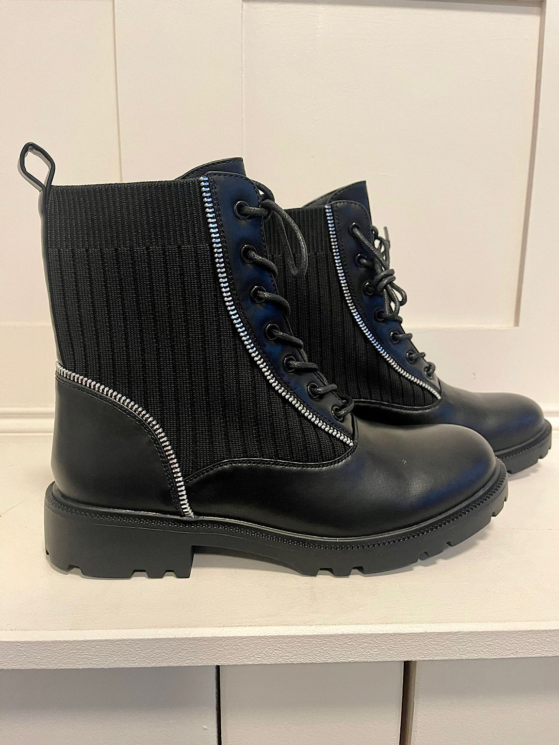 Black Faux Zip Combat Boots