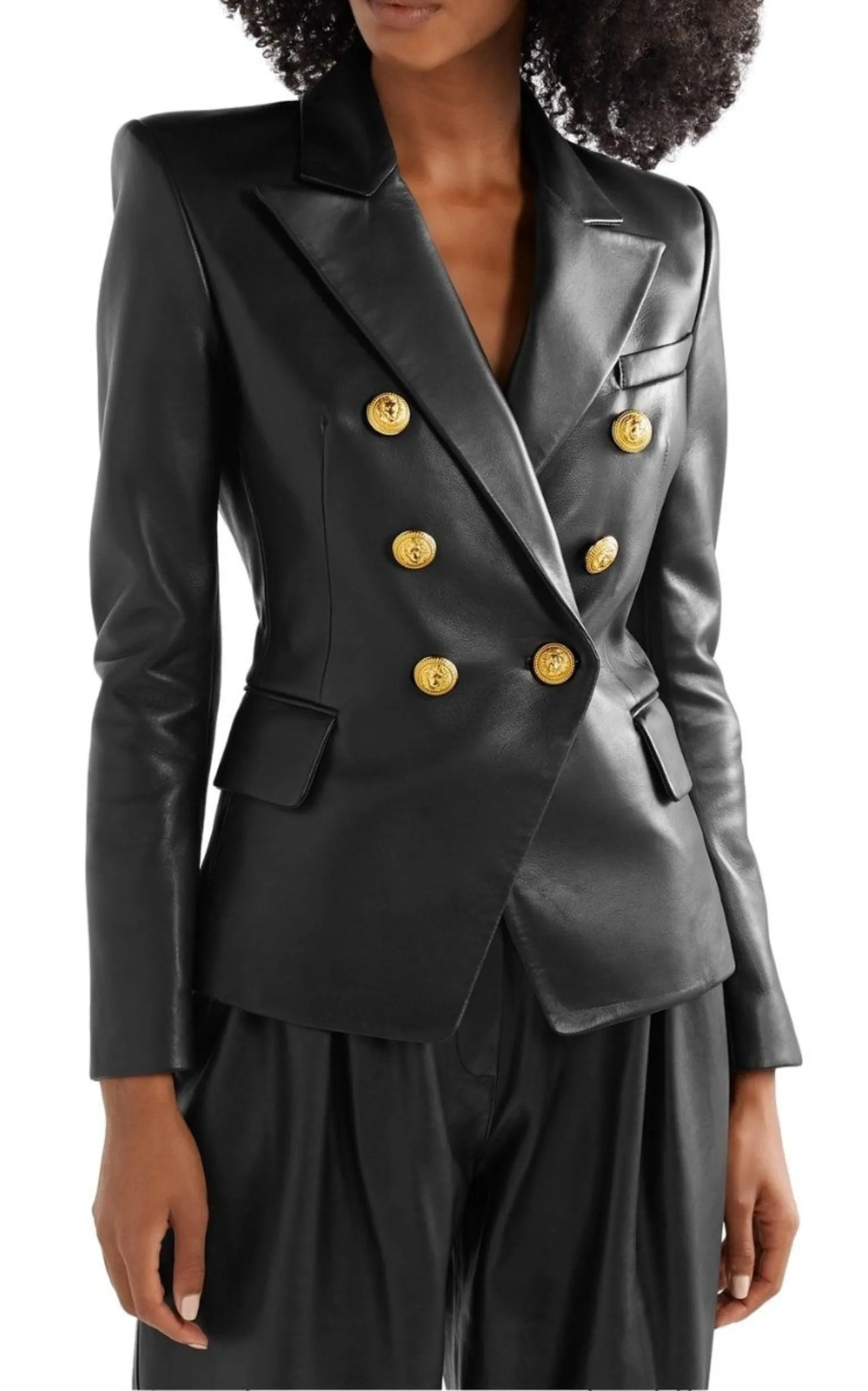 Black Leather Double-Breasted Blazer