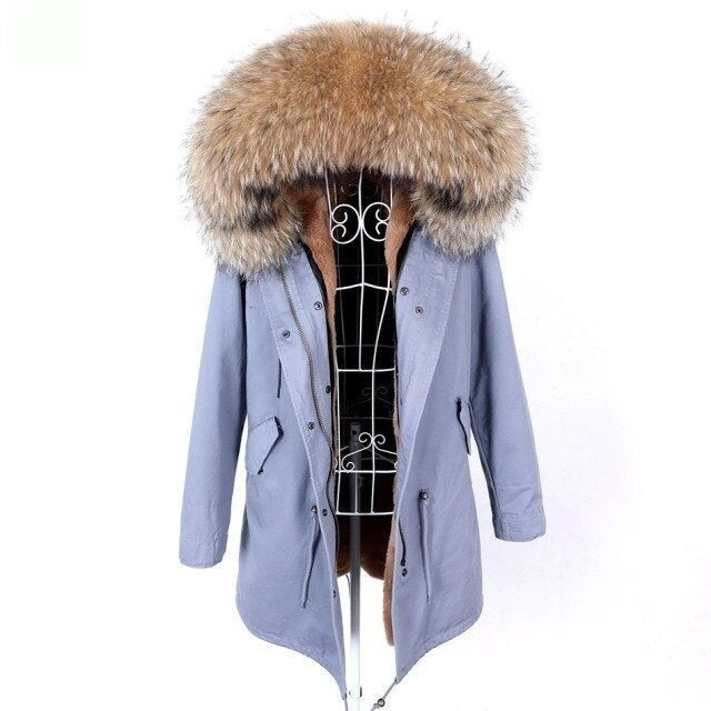 Blue Grey Color Women's Real Fur Winter Coat Jacket with Fur Collar