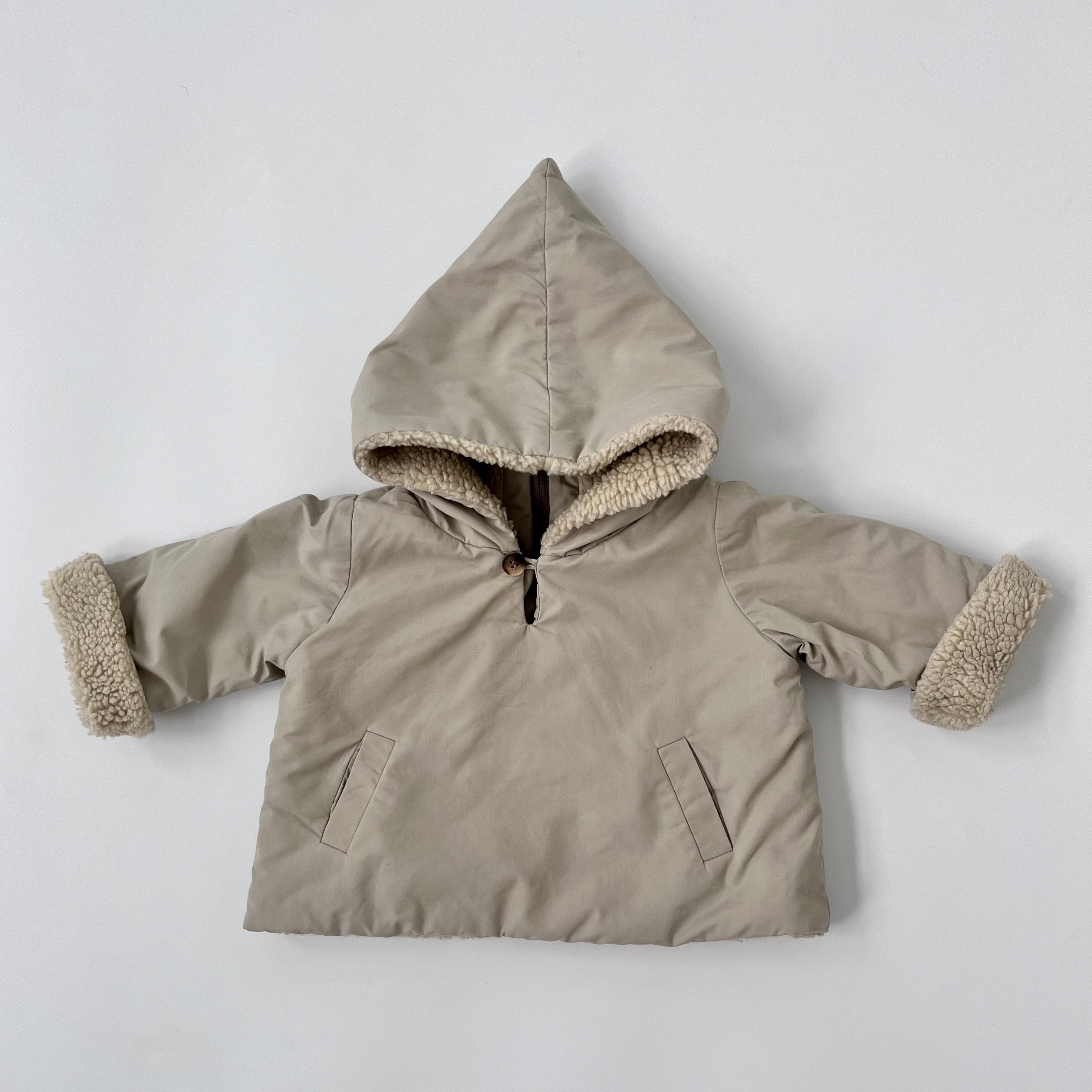 Bonpoint Pale Taupe Coat With Faux Sheepskin Lining: 6 Months