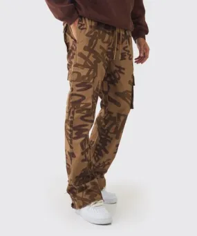 boohoo Mens Elasticated Waist Relaxed Flare Twill Printed Cargo Pants