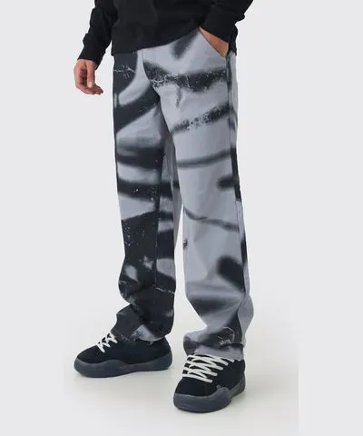 boohoo Mens Fixed Waist Relaxed Twill Graffiti Printed Pants