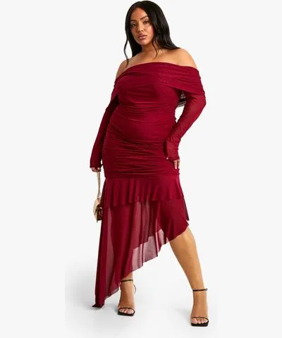 boohoo Womens Plus Mesh Off Shoulder Ruched Asymmetric Maxi Dress