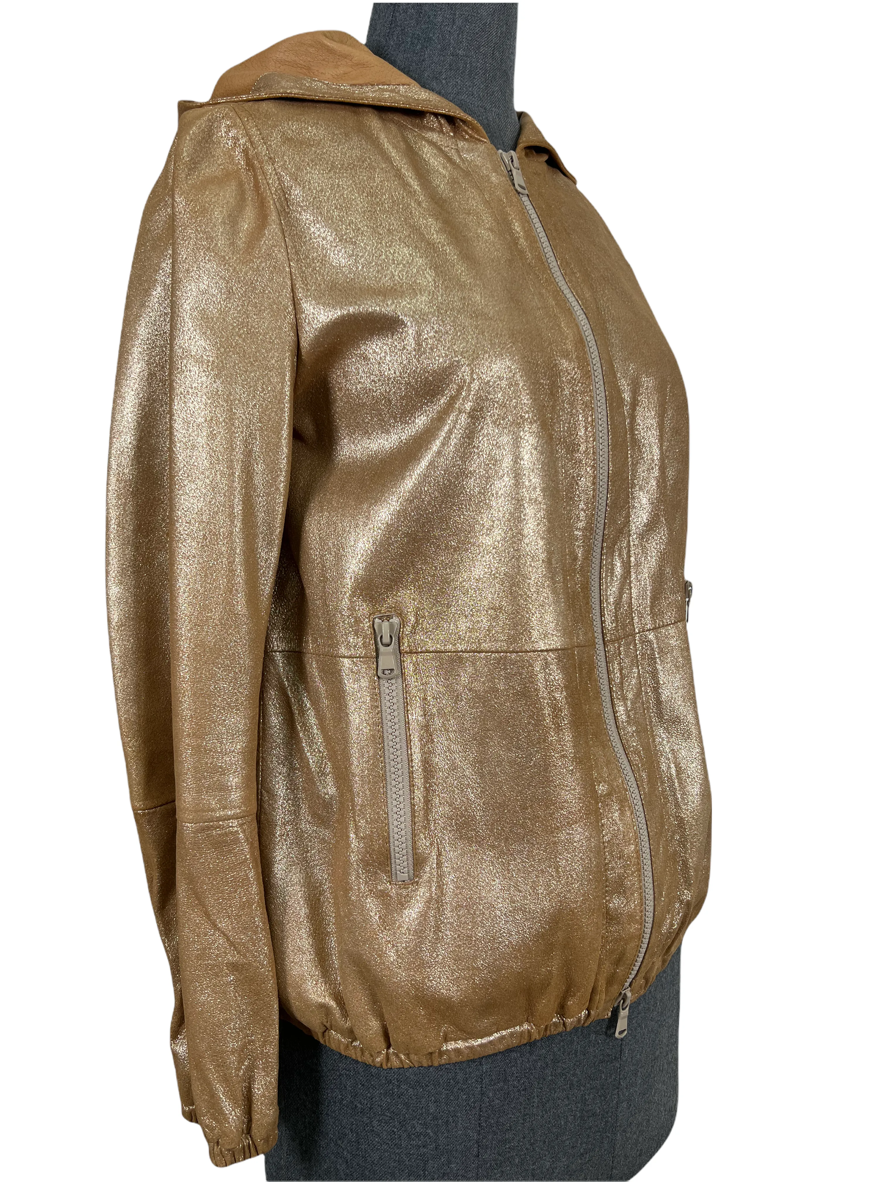 Brunello Cucinelli Metallic Leather Hooded Jacket Size 2