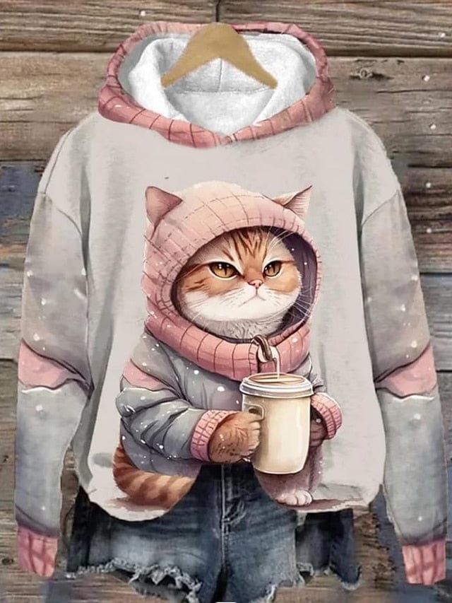 Cat Print Women's Hoodie Sweatshirt for Fall & Winter