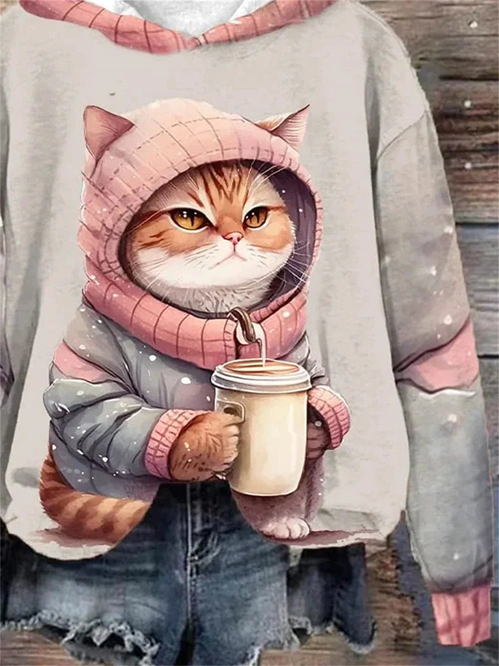 Cat Print Women's Hoodie Sweatshirt for Fall & Winter