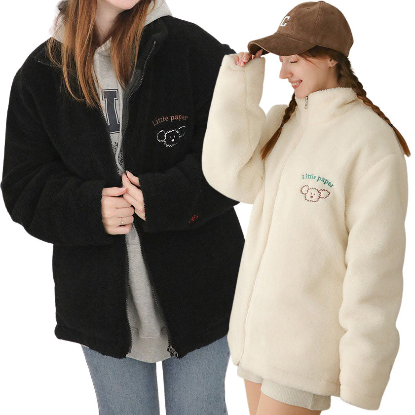 Cute Shearling Jackets Womens Girls Korean Style Outerwear Coats Winter Fleece Warm Loose Fit Mock Neck Zipup Cozy Ivory Black