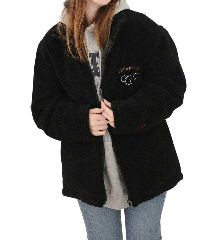 Cute Shearling Jackets Womens Girls Korean Style Outerwear Coats Winter Fleece Warm Loose Fit Mock Neck Zipup Cozy Ivory Black