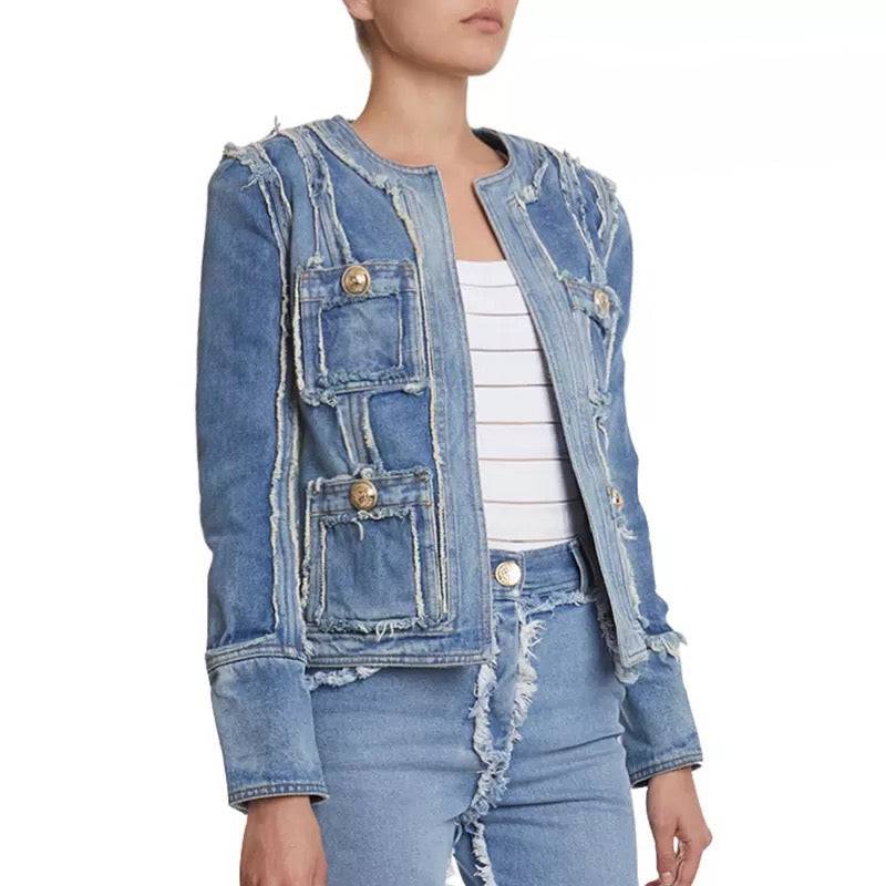 Denim Raw Edge Pocket Decorated Jacket