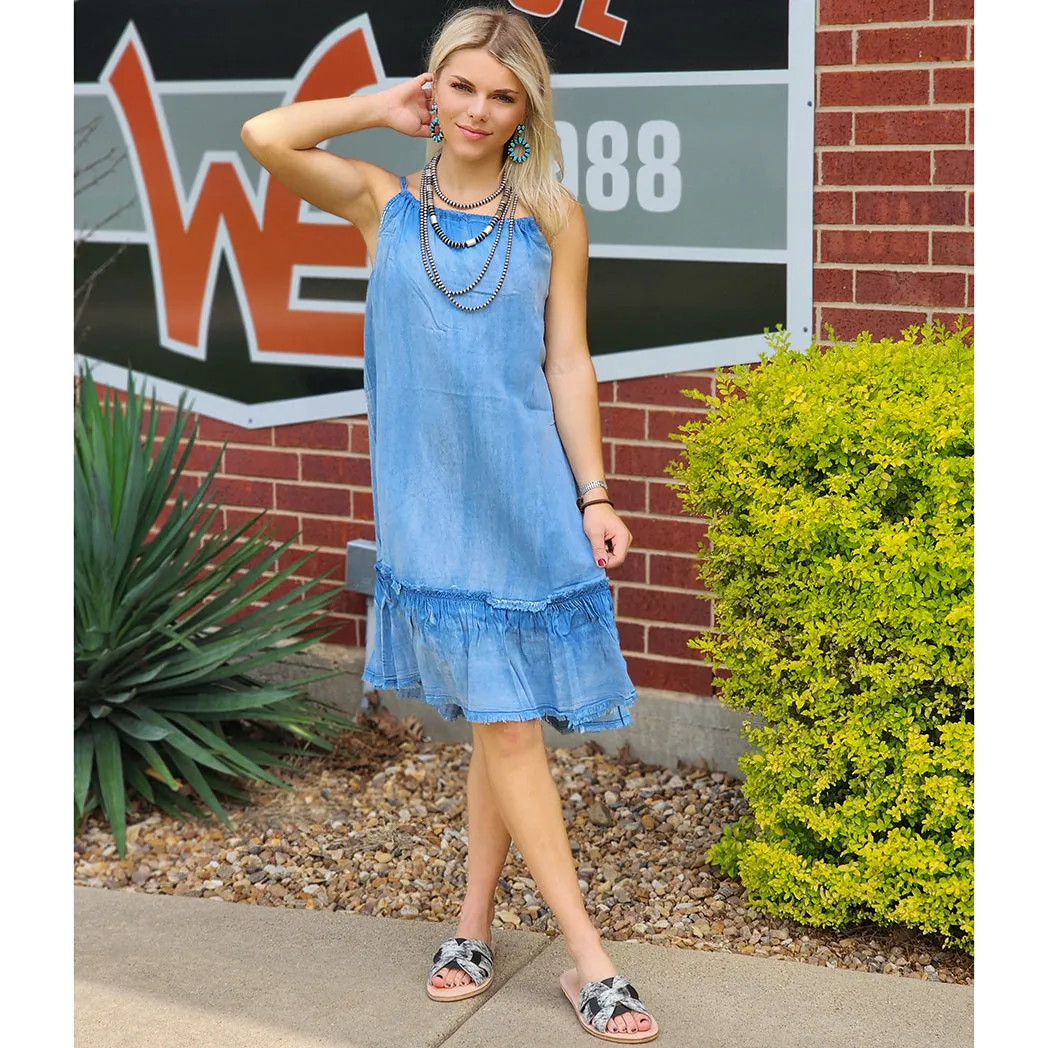 Denim Ruffle Drawstring Dress