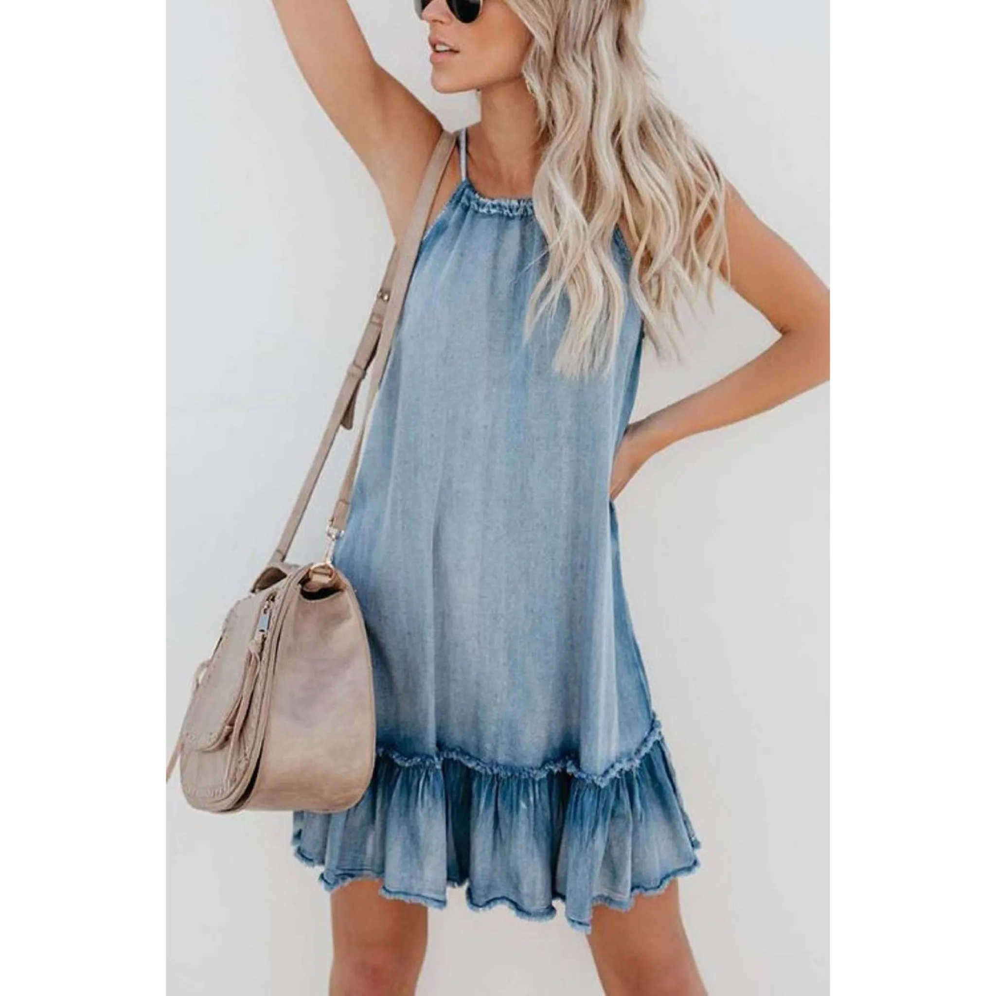 Denim Ruffle Drawstring Dress