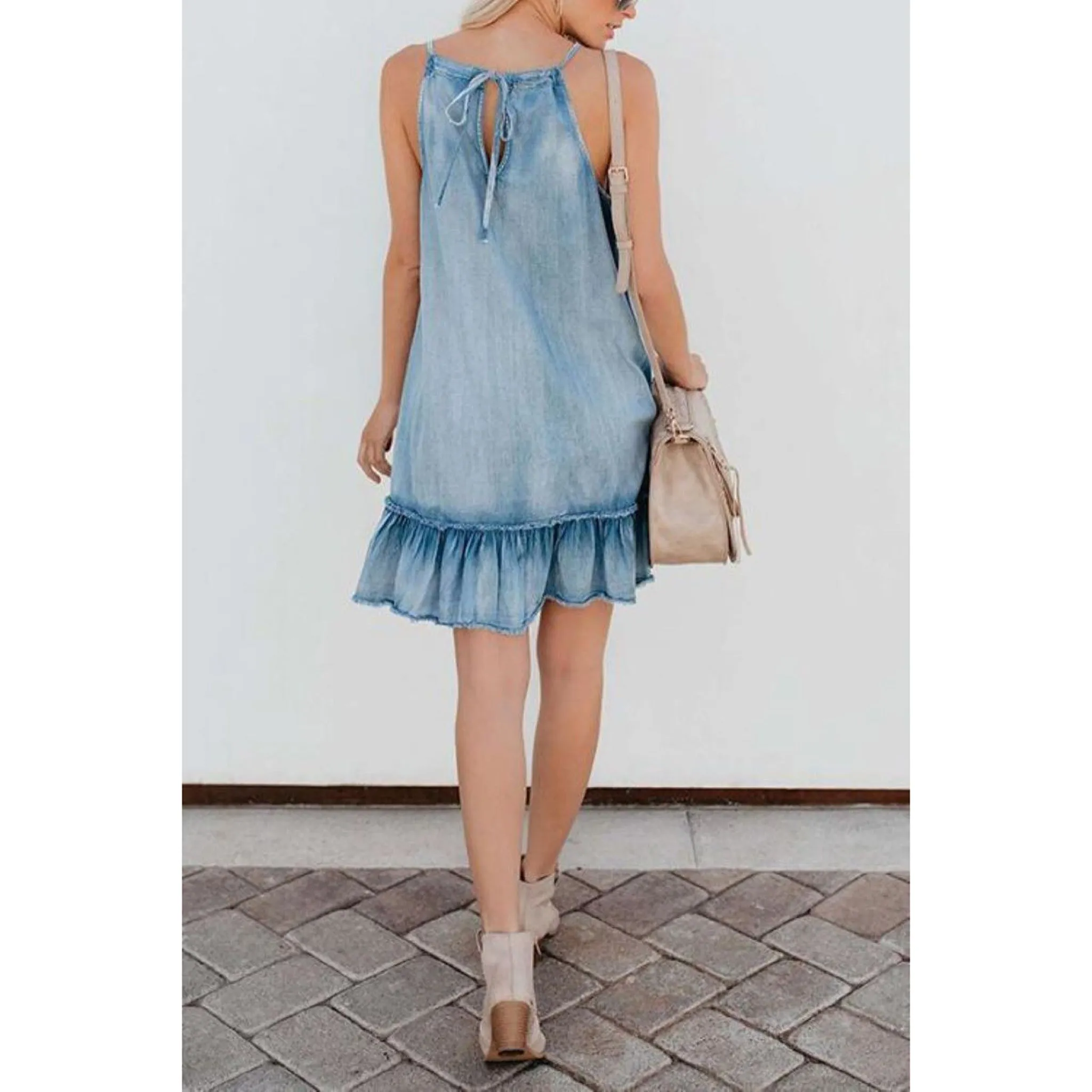 Denim Ruffle Drawstring Dress