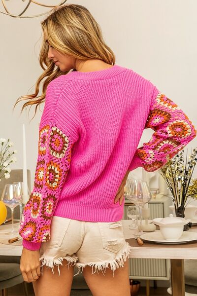 Edith V-Neck Crochet Long Sleeve Sweater