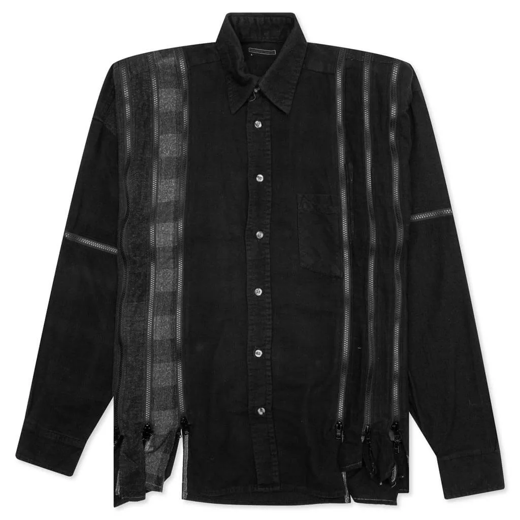 Flannel Shirt 7 Cuts Zipped Wide Shirt Over Dye - Black