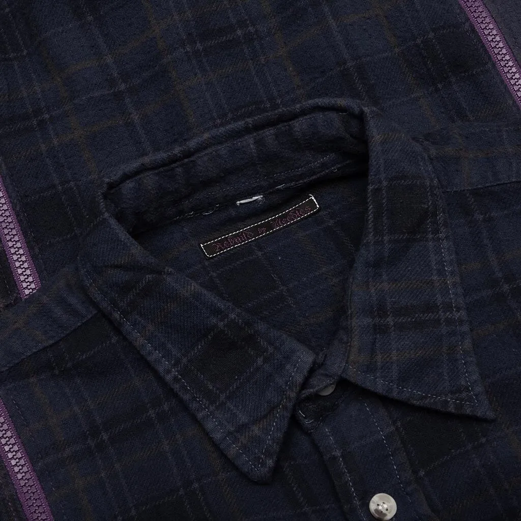 Flannel Shirt 7 Cuts Zipped Wide Shirt Over Dye - Purple