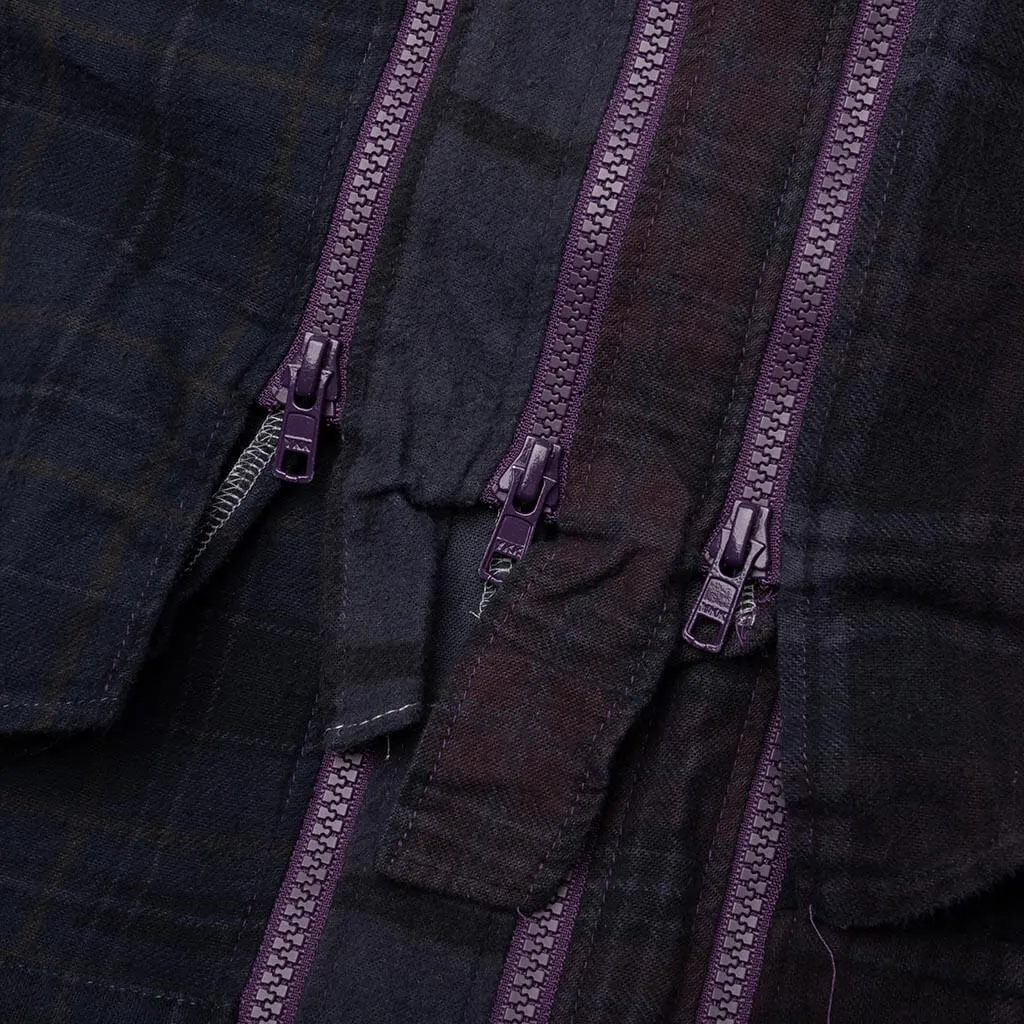 Flannel Shirt 7 Cuts Zipped Wide Shirt Over Dye - Purple