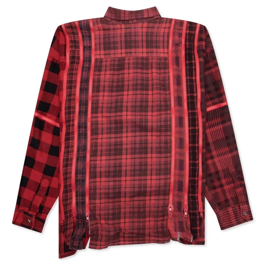 Flannel Shirt 7 Cuts Zipped Wide Shirt Over Dye - Red