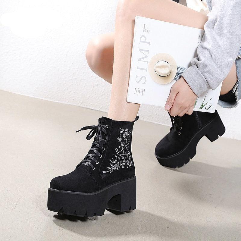 Flower Platform Ankle Boots