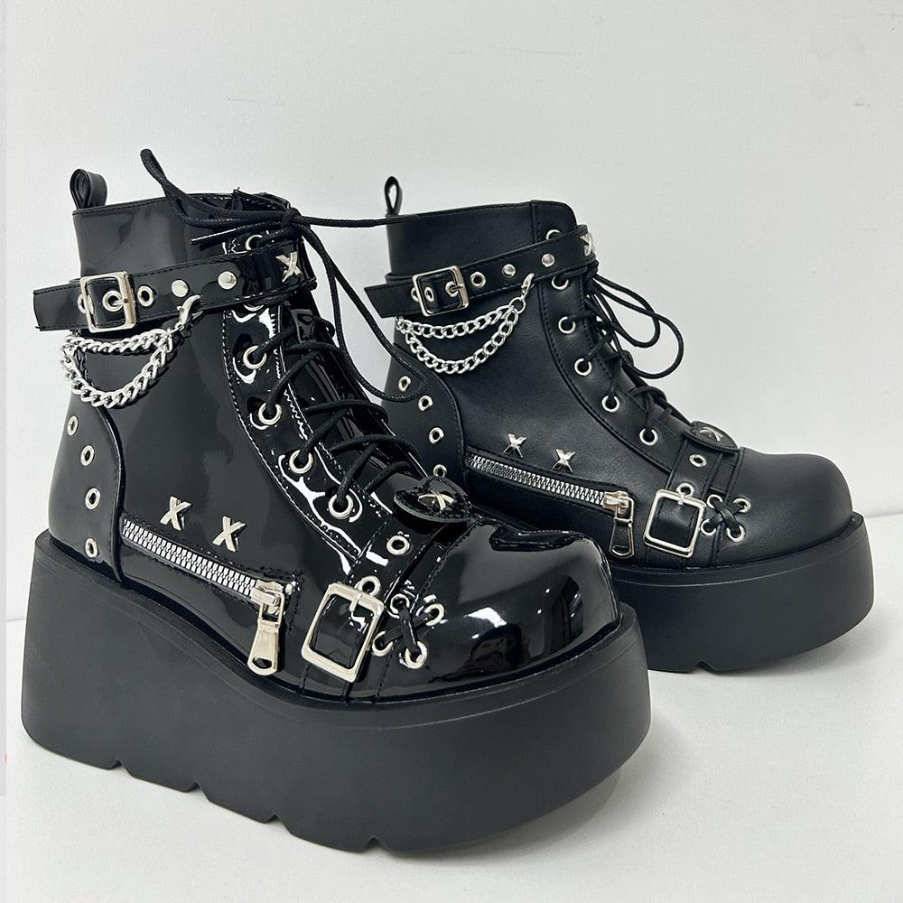 GIGIFOX Platform Gothic Ankle Combat Boots: Rivet Chain Wedges, Buckle, and Zip Closure