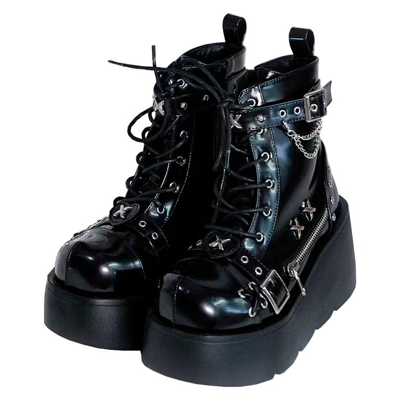 GIGIFOX Platform Gothic Ankle Combat Boots: Rivet Chain Wedges, Buckle, and Zip Closure