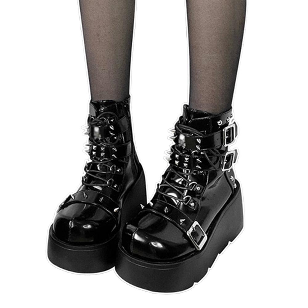 GIGIFOX Platform Gothic Ankle Combat Boots: Rivet Chain Wedges, Buckle, and Zip Closure