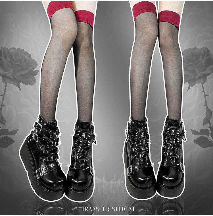 GIGIFOX Platform Gothic Ankle Combat Boots: Rivet Chain Wedges, Buckle, and Zip Closure