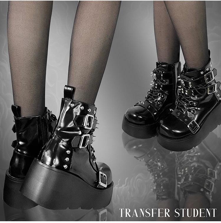 GIGIFOX Platform Gothic Ankle Combat Boots: Rivet Chain Wedges, Buckle, and Zip Closure