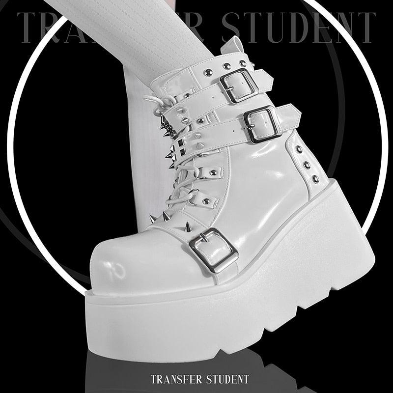 GIGIFOX Platform Gothic Ankle Combat Boots: Rivet Chain Wedges, Buckle, and Zip Closure