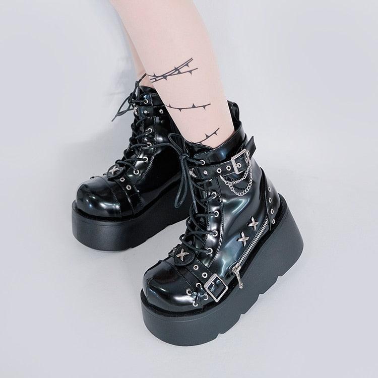 GIGIFOX Platform Gothic Ankle Combat Boots: Rivet Chain Wedges, Buckle, and Zip Closure