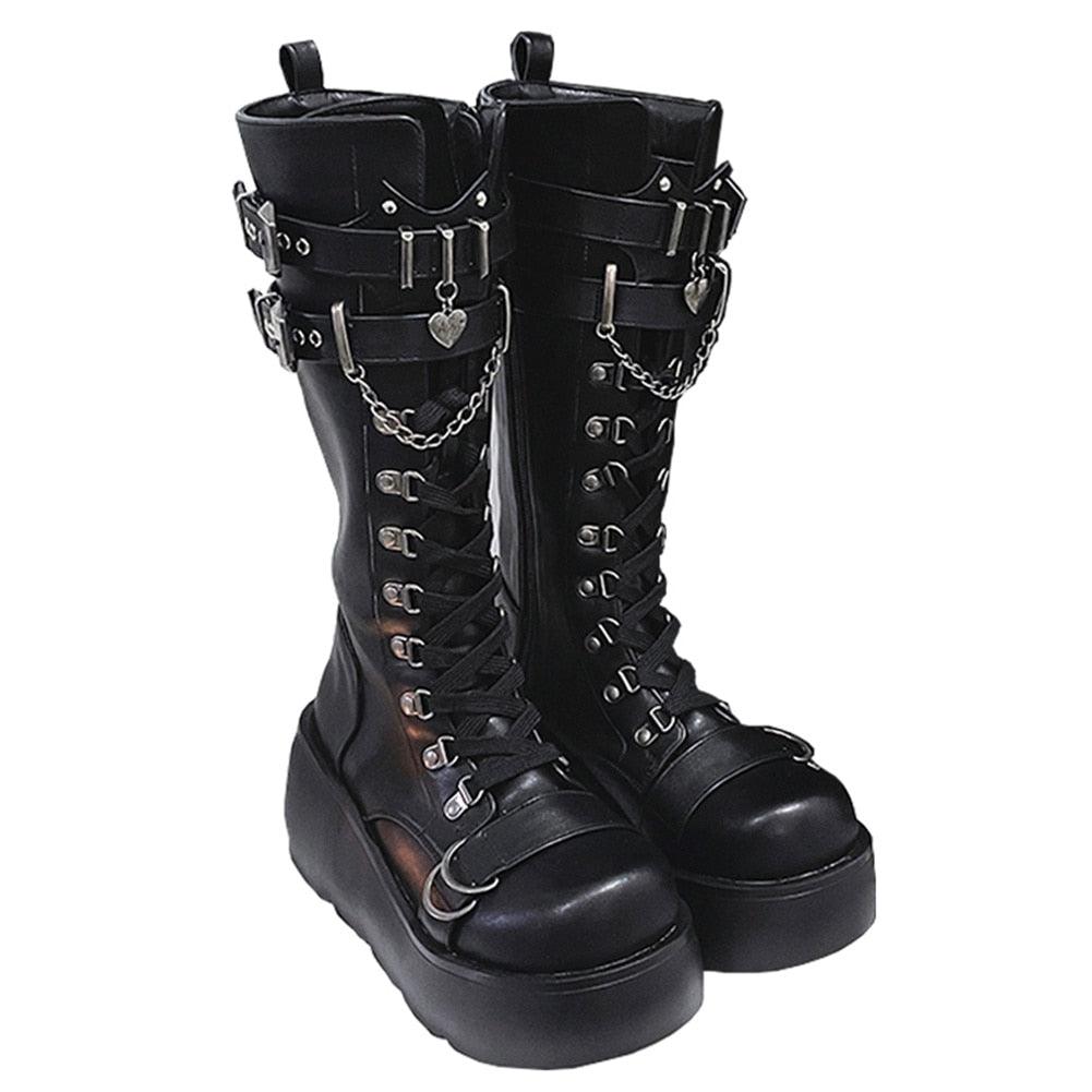 GIGIFOX Platform Gothic Ankle Combat Boots: Rivet Chain Wedges, Buckle, and Zip Closure