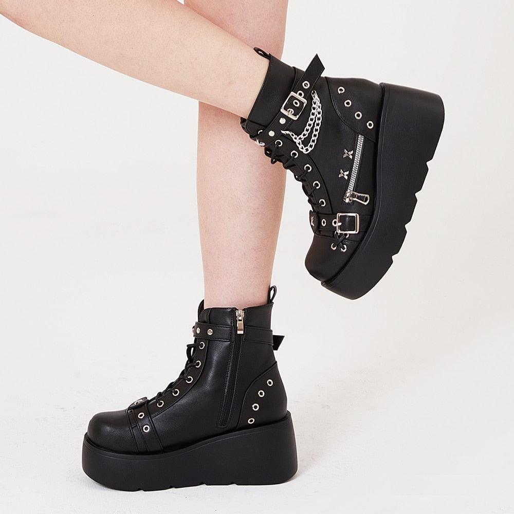 GIGIFOX Platform Gothic Ankle Combat Boots: Rivet Chain Wedges, Buckle, and Zip Closure