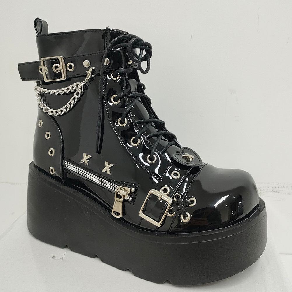 GIGIFOX Platform Gothic Ankle Combat Boots: Rivet Chain Wedges, Buckle, and Zip Closure