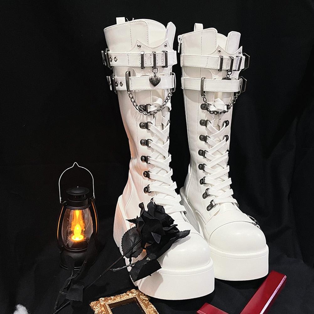 GIGIFOX Platform Gothic Ankle Combat Boots: Rivet Chain Wedges, Buckle, and Zip Closure