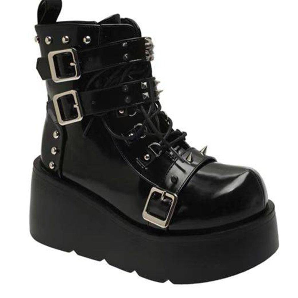 GIGIFOX Platform Gothic Ankle Combat Boots: Rivet Chain Wedges, Buckle, and Zip Closure