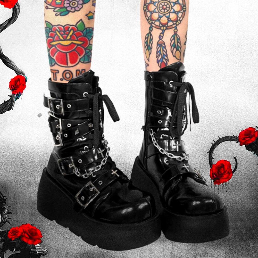 GIGIFOX Platform Gothic Ankle Combat Boots: Rivet Chain Wedges, Buckle, and Zip Closure