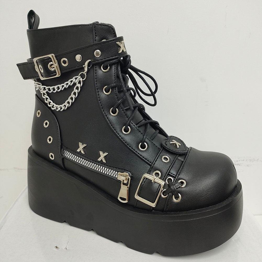 GIGIFOX Platform Gothic Ankle Combat Boots: Rivet Chain Wedges, Buckle, and Zip Closure