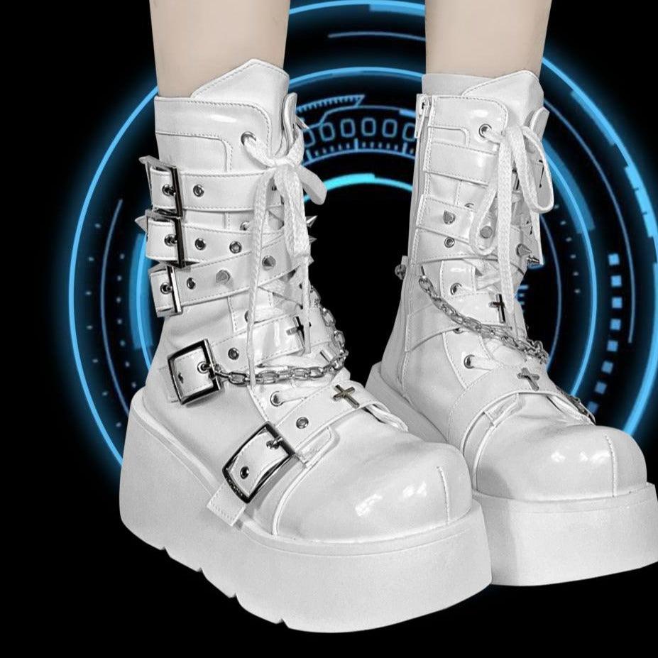 GIGIFOX Platform Gothic Ankle Combat Boots: Rivet Chain Wedges, Buckle, and Zip Closure