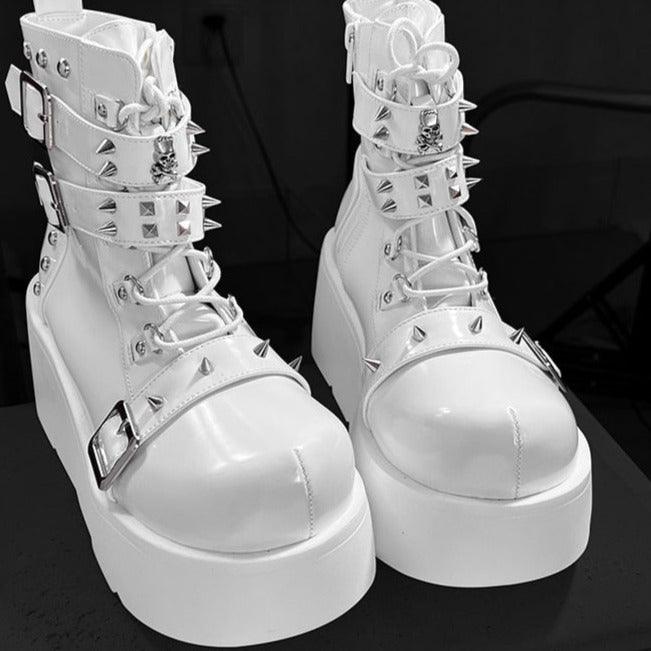 GIGIFOX Platform Gothic Ankle Combat Boots: Rivet Chain Wedges, Buckle, and Zip Closure